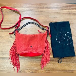 ASH Red Textured Leather Fringe Boho Crossbody